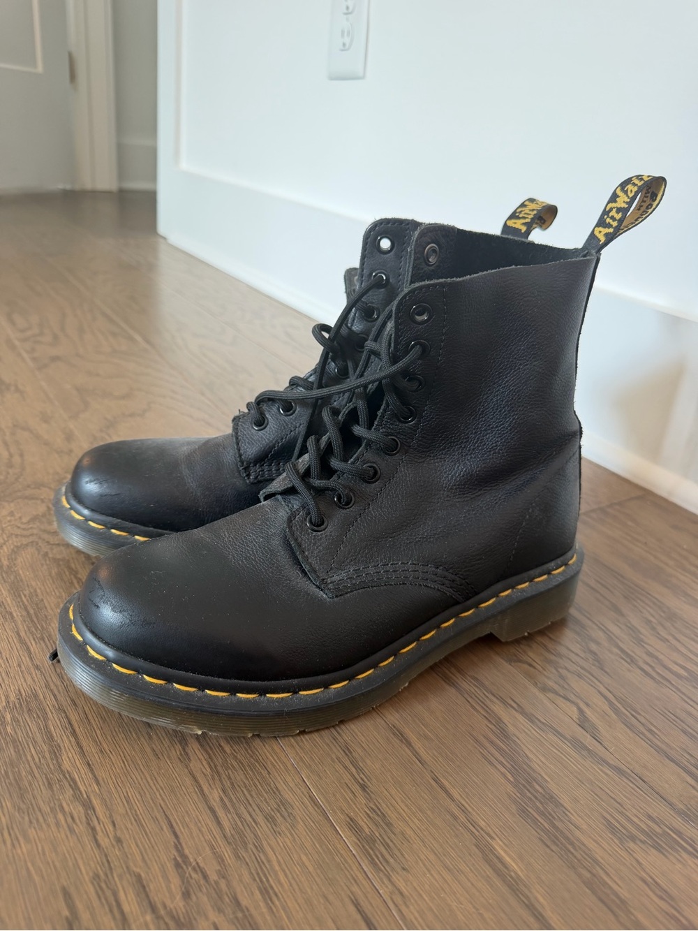 Dr. Martens Black Leather Lace-Up Ankle Boots with Yellow Stitching
